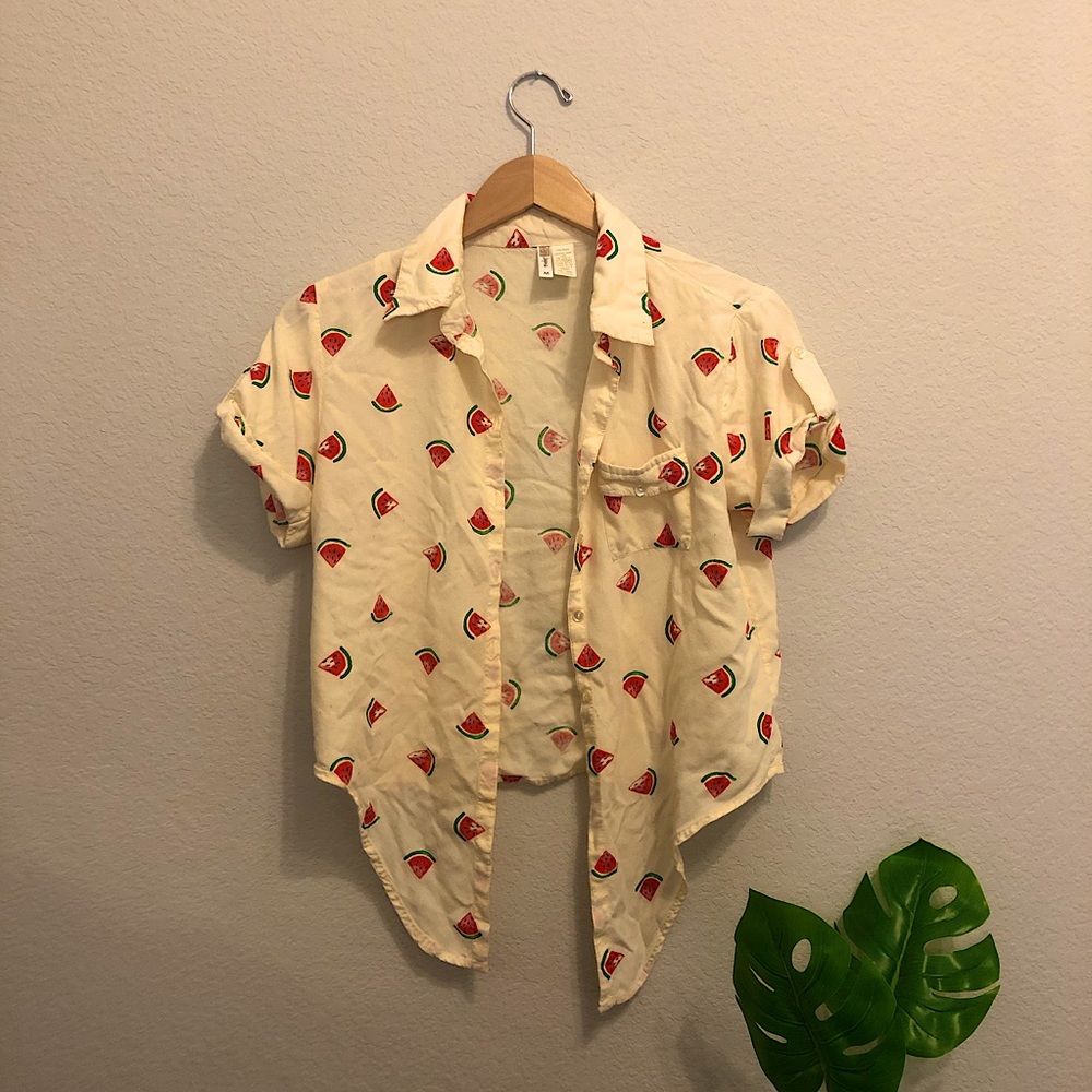 Japna Yellow Watermelon Button Up Cropped Shirt